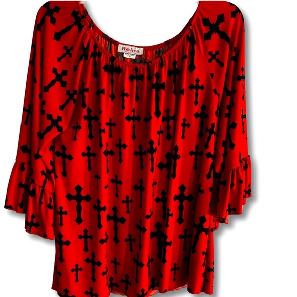 REINA Blouse Red Off the Shoulder Long Sleeve Top Black Crosses Womens SZ Medium - Picture 4 of 6